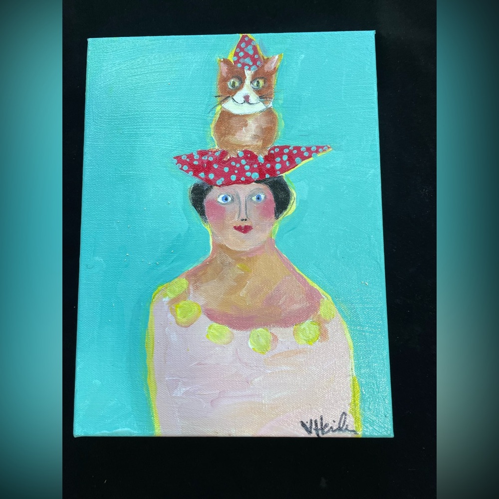 “Companions”Original Acrylic Painting 12”x 9”x1.5”on Canvas Lady &Cat Handmade